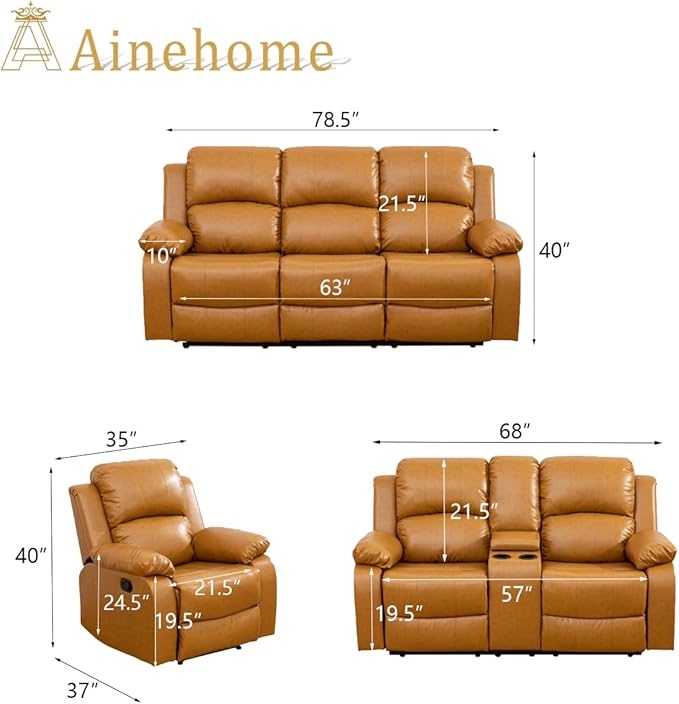 A Ainehome 3 Pieces Living Room Furniture Sets, Manual Leather Recliner Sofa Set with Storage, Reclining Couch Loveseat Chair Furniture Sofa Set for Living Room/Rv/House/Office