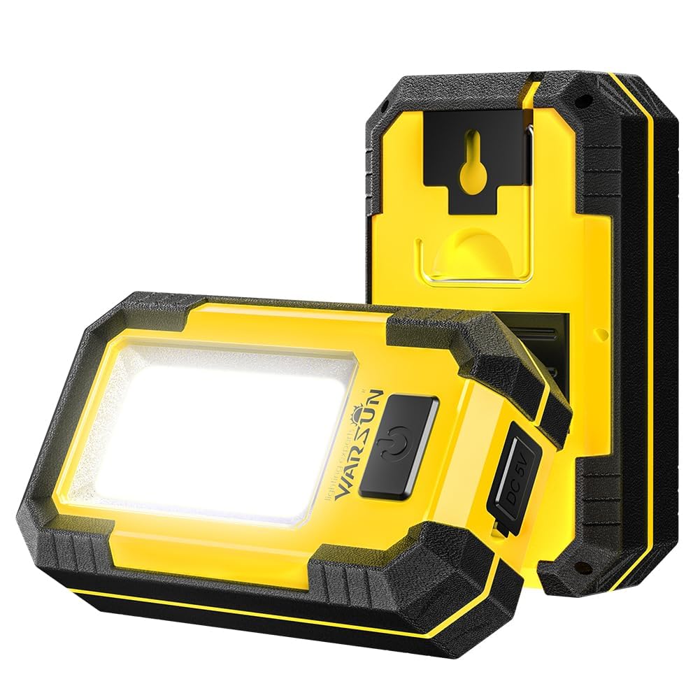 WARSUN 2 PC Portable LED Rechargeable Work Light,Magnetic Base & Hanging Hook, 30W 1200Lumens Super Bright, 5000K, for Car Repairing,Camping,Hiking,Backpacking,Fishing,Hurricane, Yellow