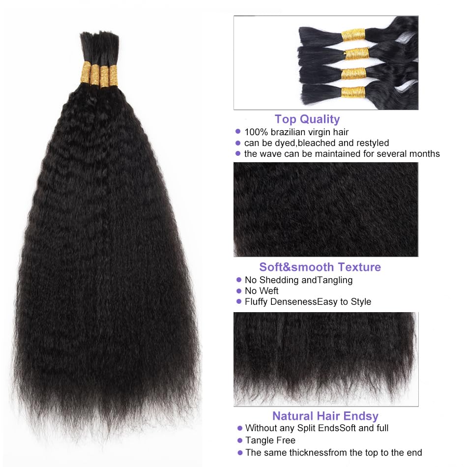 Kinky Straight Human Braiding Hair No Weft 100g (1Pack-4PCS) Yaki Straight Bulk Human Hair For Bohe Braids Micro Braiding Hair F