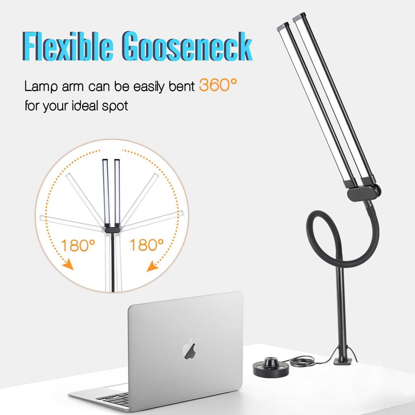CeSunlight LED Desk Lamp with Two Heads, Clamp On Desk Lamps, 24W, 4000 LMS, CRI>90, 5 Color Modes (2600K-6500K), 10 Brightness Levels, Adapter Included
