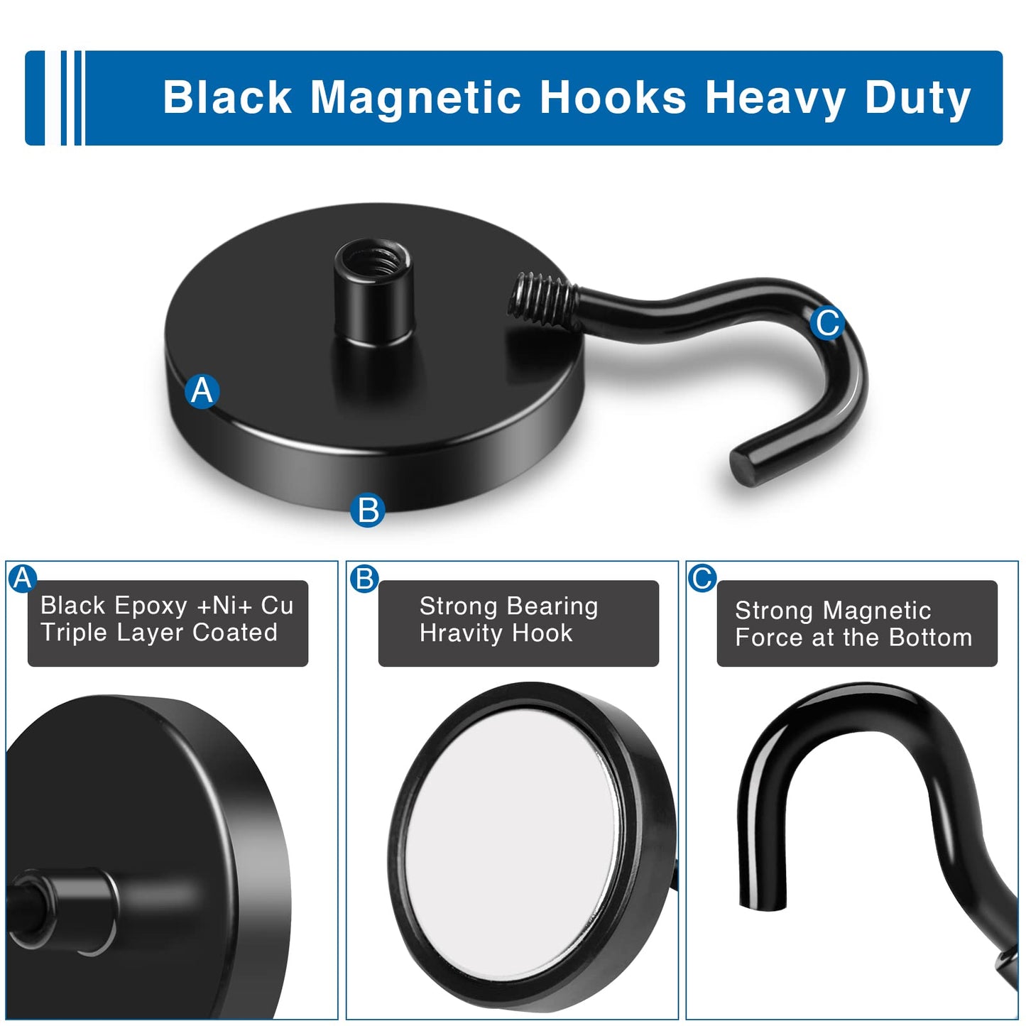 LOVIMAG Black Magnetic Hooks Heavy Duty, 120lbs Strong Neodymium Magnet Hook with Epoxy Coating for Cruise Cabins, Magnets with Hook for Locker, Classroom, Kitchen,Office,Metal Door Etc-4 Pack