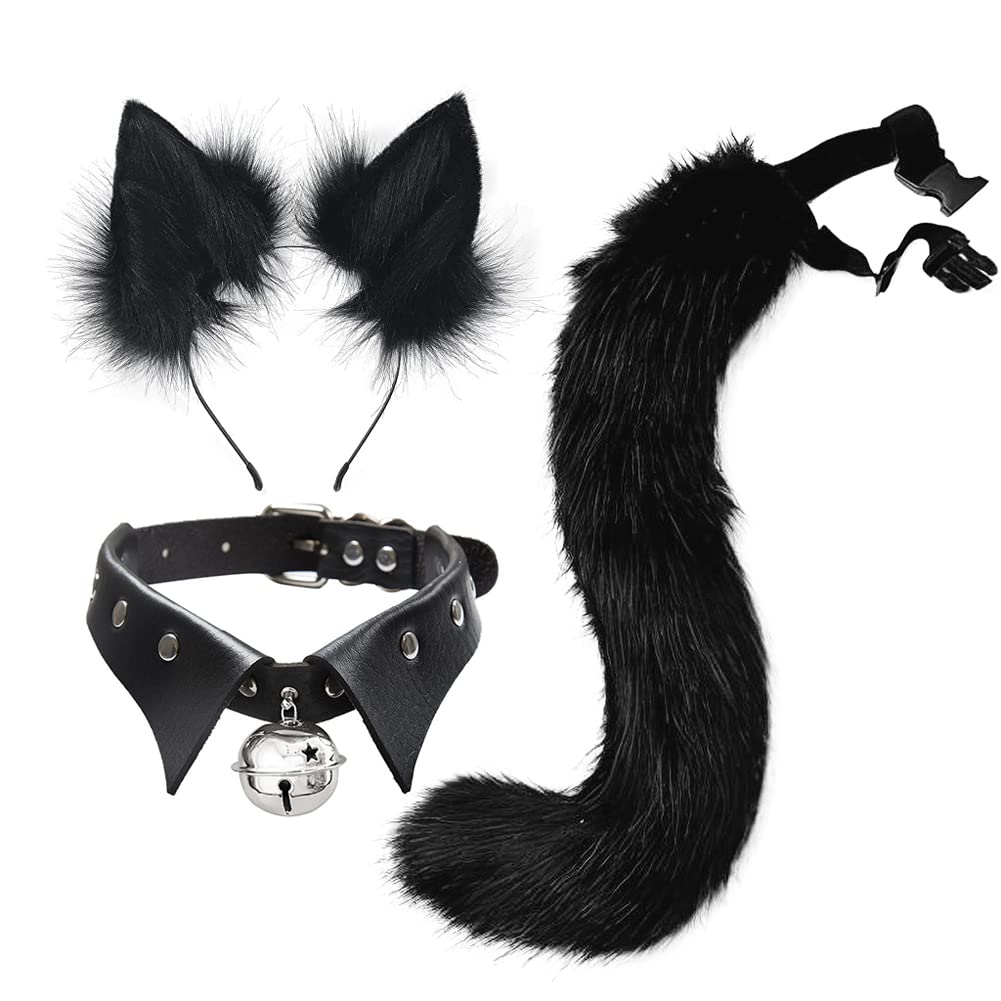 JUNBOON Faux Fur Cat Ears and Wolf Fox Tail Set Adult Punk Collars Kit for Halloween Anime Cosplay Party