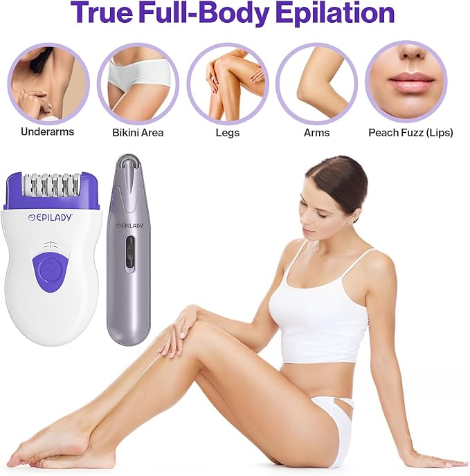Epilady Face & Body Hair Removal Device Bundle, Speed Corded Epilator + Esthetic Facial Hair Removal for Women, Epilator for Women Legs, Arms, Underarms, Face, Bikini (Purple)