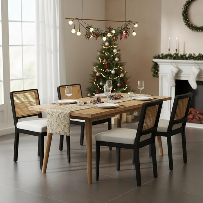 LukeAlon Set of 6 Farmhouse Dining Chairs - Mid Century Modern with Woven Cane Back, Soft Linen Upholstered Seat, Solid Wood Legs for Kitchen, Dining Room & Breakfast Nook, Beige