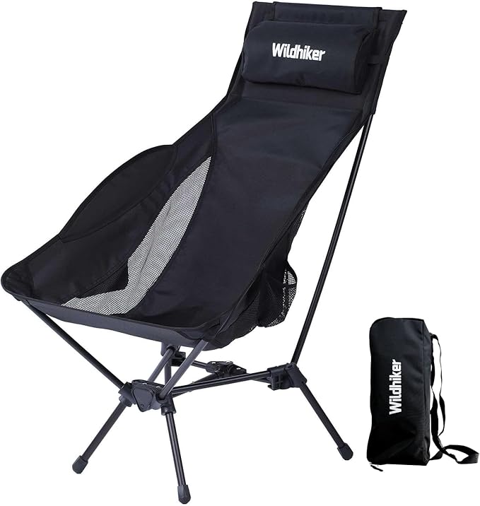 Wildhiker Portable Compact Folding Camping Chairs – Lightweight High Back with Pillow, Deep Recline, ArmPads, Side Pocket...