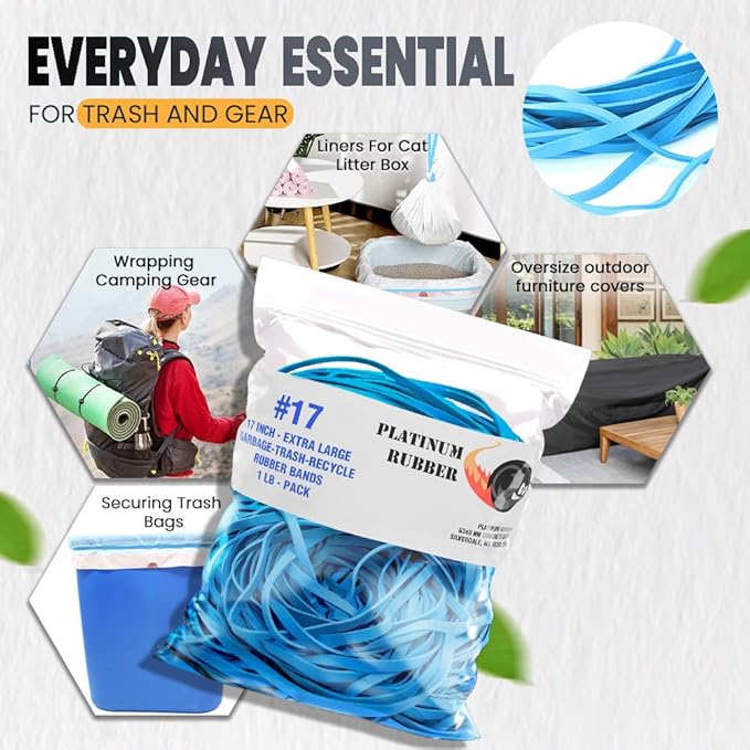 Garbage Trash Can Rubber Bands Blue Large Size 17" Inch Rubberbands Kitchen Compactor Tote Bin 55-65 Gallon, 95, 96-100 Gal Toter Oversize Big bag liner holder, 55 Drums Litter Pails Buckets (25-Pack)
