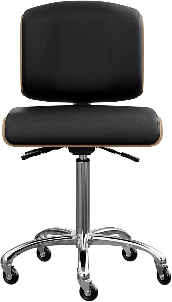 Spa Numa Bentley Beauty Esthetician Nail Salon Stool Rolling Chair with Adjustable Backrest, Flat Square Seat, Metal Bar, Vegan Leather Upholstery for Beauty Exam Office and Home - 1071 (Black)