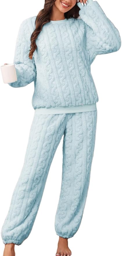 Pajamas Sets for Women Soft Comfy Fluffy Pajama Fleece Pullover Ribbed Pjs Warm Plush Lounge Sleepwear