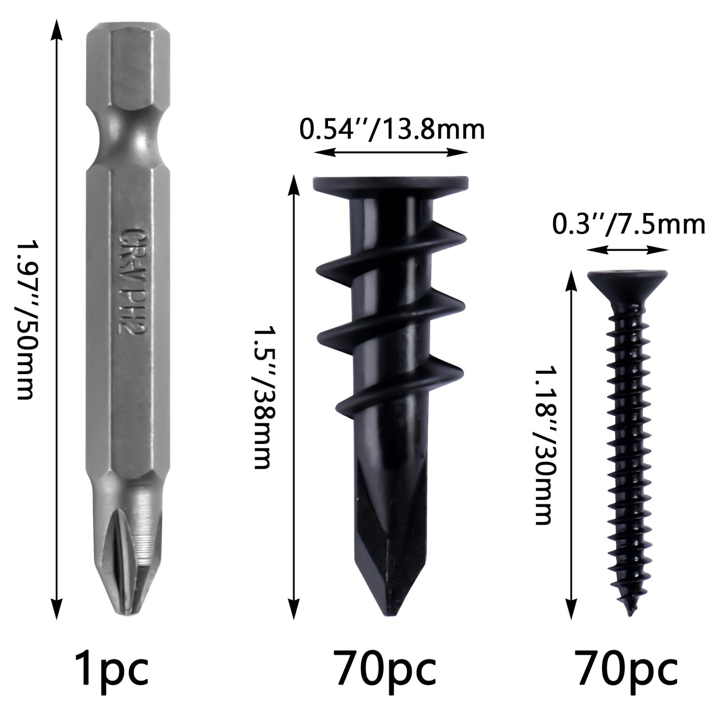 KURUI 140PCs Black Self Drilling Drywall Anchors, #8 Dry Wall Anchors and Flat Head Screws Kit, 70 Anchors + 70 Screws, 75LB Heavy Duty Hanging for Picture Frames Wall Decor Art, Sheetrock Hangers