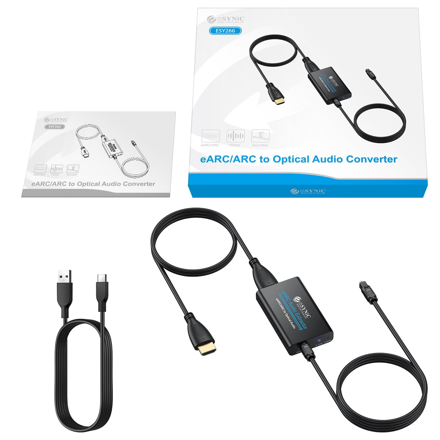 eSynic Professional eARC Audio Extractor-Only Work for HDTV ARC/eARC Ports-192KHZ ARC to Optical Audio Adapter-Easy to Setup-7ft Long-Dolby5.1 & DTS 5.1 Formats-from HDTV to Optical Soundbar-No CEC