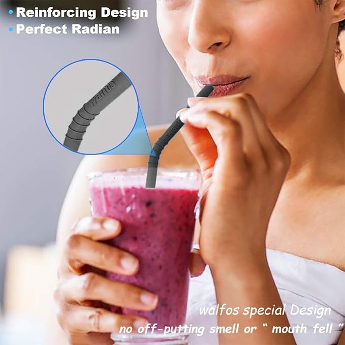 Walfos Silicone Straws - Reusable straws Bendy straws for Smoothies/20 & 30 oz Tumblers, BPA Free. 2 Size (3pcs Wide S + 3 pcs Regular + 2 Cleaning Brushes）