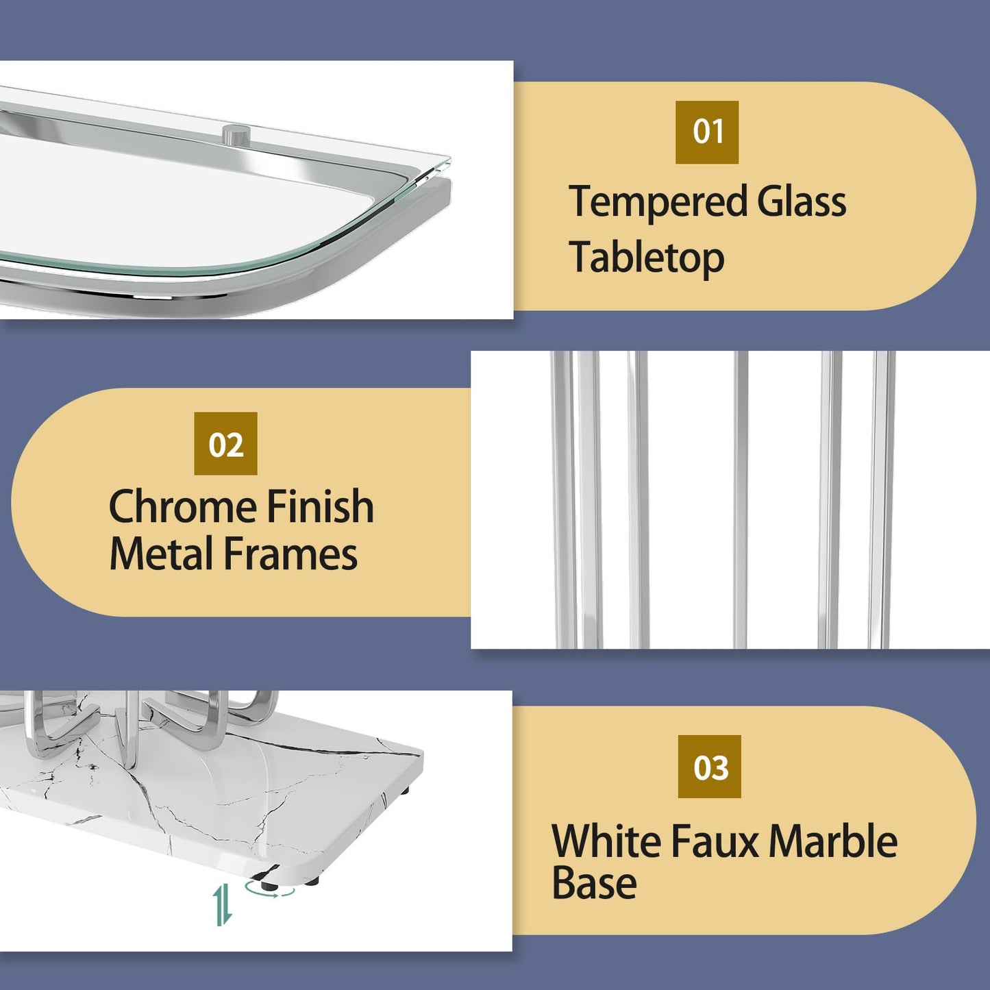 O&K FURNITURE 43" Modern Glass Console Table with Curved Chrome Frame & Faux Marble Base, Silver Narrow Sofa Table for Entryway, Living Room, Hallway, Home Office