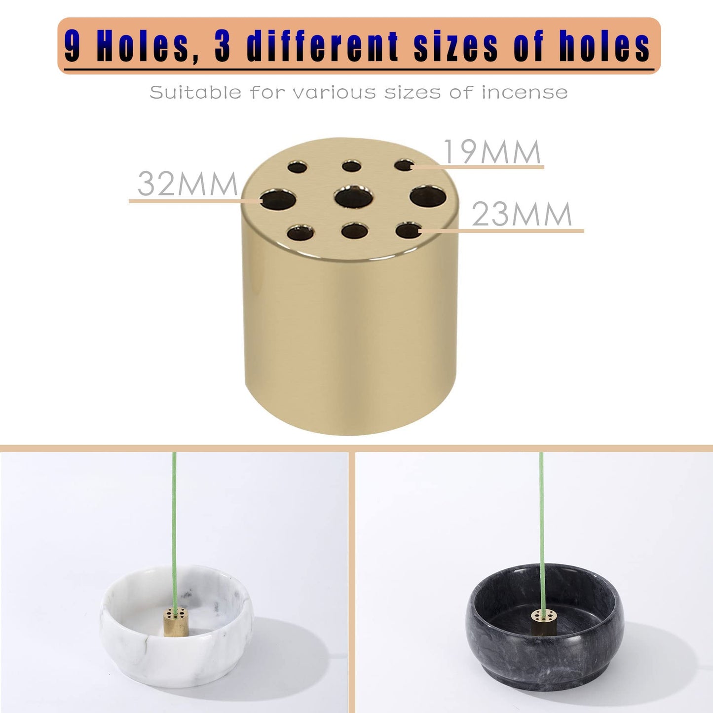 Marble Incense Holder, 9 Hole Burner for Meditation, Natural White & Grey Ash Grabber - Birthday Gift for Mom