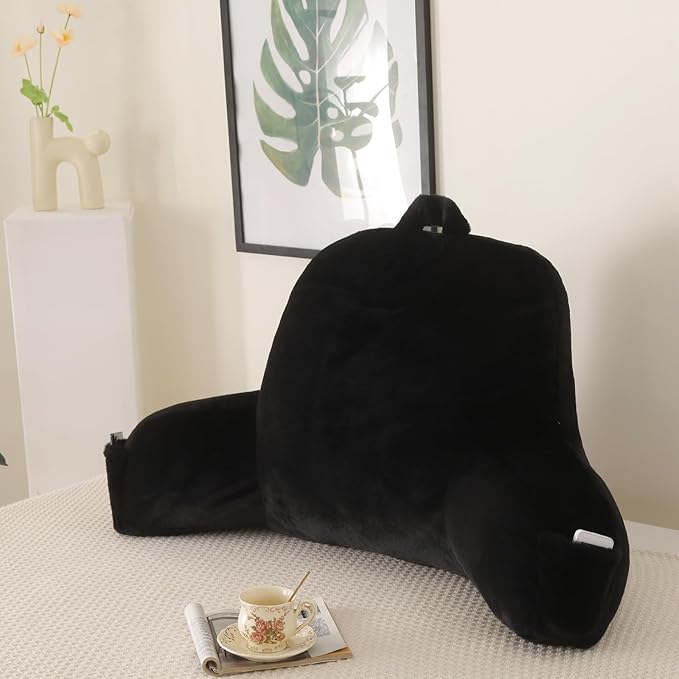 PAJEO Reading Pillow for Sitting in Bed, Large Backrest Reading Pillow with Arm Rest,Back-Rest Support Cushion for Sit Up on Couch, Sofa, and Floor, Dorm Essentials (Black Faux Fur, Standard(17"))