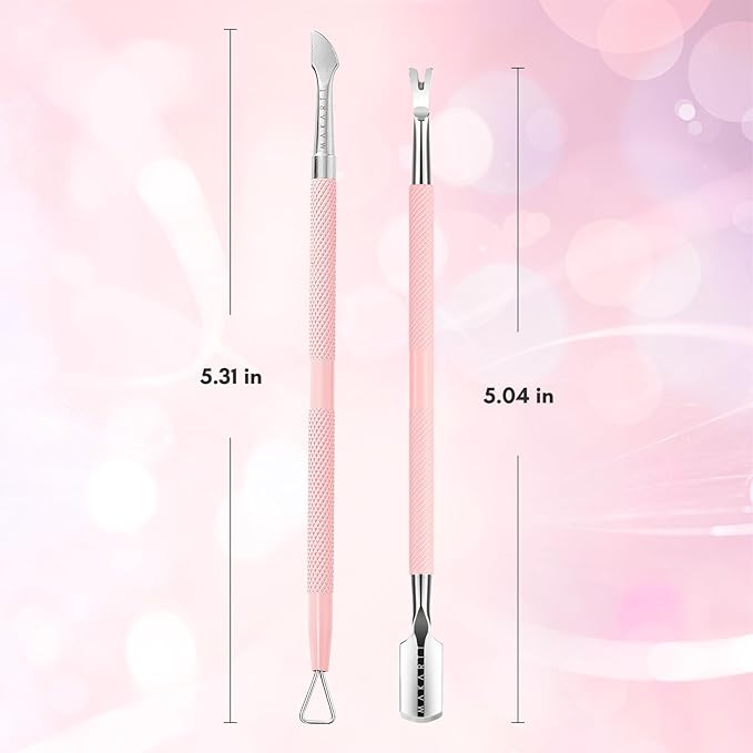 Makartt Cuticle Pushers, 2Pcs Stainless Steel Dual Ended Cuticle Remover with Spoon Pusher, Cutter, Scraper & Dead Skin Fork, Pink Manicure Pedicure Nail Care Kit