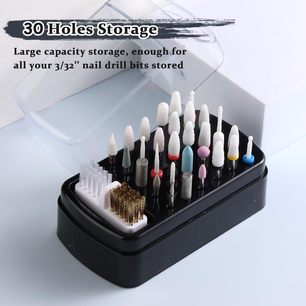 2 in 1 Nail Drill Bits Holder with Nail Drill Bits Cleanser, 30 Holes Dustproof Drill Bits Stand Display Storage Box, Steel Wire