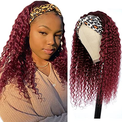 Ombre 1B99J Deep Wave Headband Wig Burgundy Human Hair Headband Wig 130% Density Grade 8A Brazilian Remy Hair Machine Made Wigs Wine Red Color 22 Inch