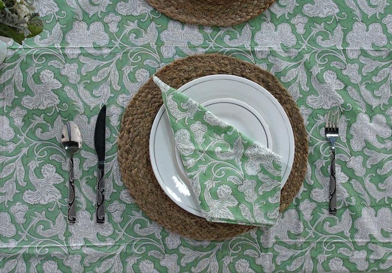 Ridhi Sage Green 100% Cotton Summer Fall Rectangle Tablecloth Hand Block Print Print Washable Reusable Table Cover Farmhouse Parties Buffet Dining Weddings Country French Easter Spring 70 x 118