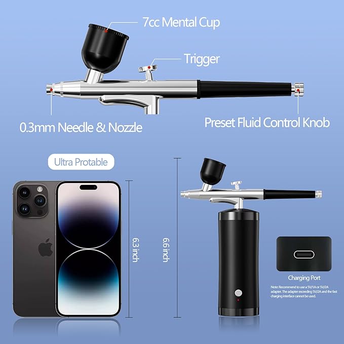 Airbrush Kit With Compressor 48PSI Rechargeable High Pressure Air Brush Set Cordless Airbrush Kit with 0.3mm Nozzle for Painting,Nail Art, Cake Decor,Makeup,Modeling (Black)