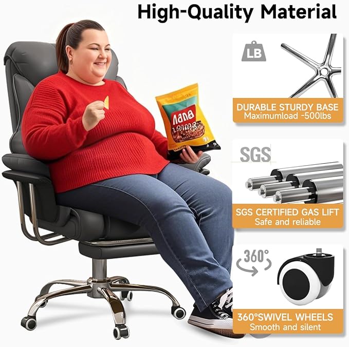 HDHNBA Big and Tall Office Chair 550 lbs Extra Wide Leather Executive Chair with Retractable Footrest, Heavy-Duty Ergonomic Chair, Adjustable Height Computer Gaming Chairs