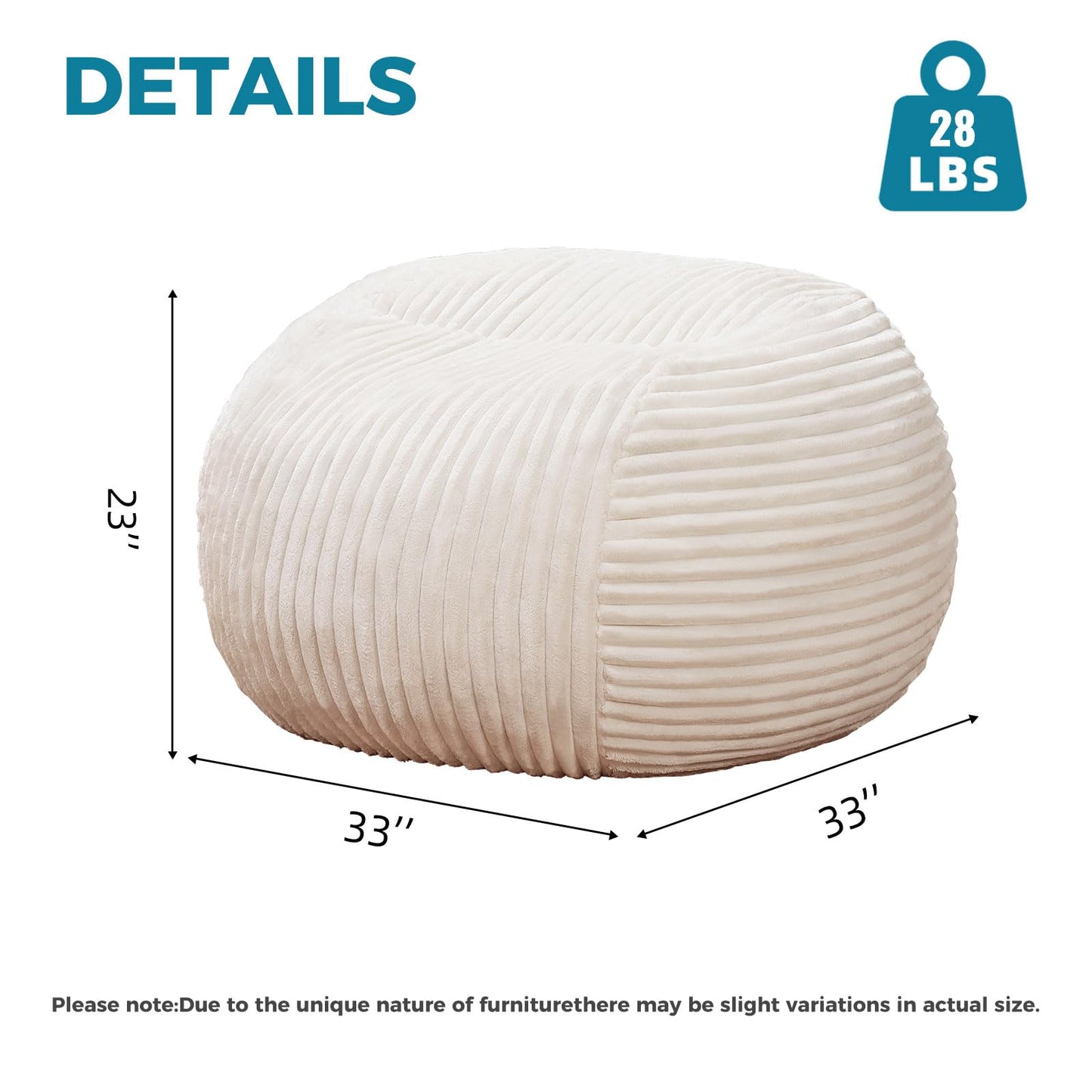 Bean Bag Chairs for Adults，Bean Bag Chair with Filler Included，Detachable and Washable Flannel Cover, Round Fluffy Sofa Chair Filled with Memory Foam, Suitable for Gaming, Bedroom (Off-White)
