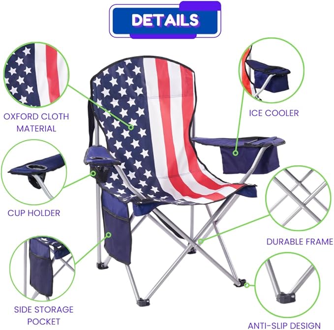EZONE 4-Pack Camping Chairs with Built-in Ice Cooler, Portable Chair, Storage Pocket, Cup Holder, and Carry Bag Perfect for Camping, Tailgating, Fishing, Beach, and Lawn (4, Flag)