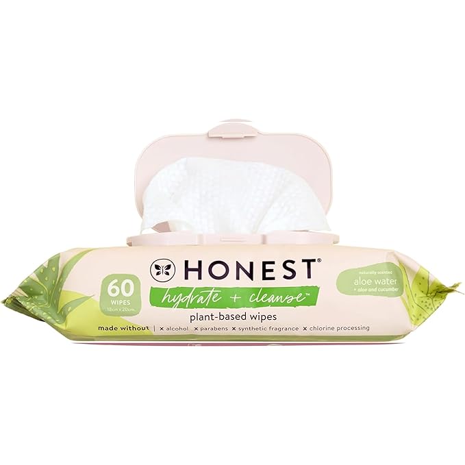The Honest Company Hydrate and Cleanse Naturally Scented Wipes Cleansing Multi-Tasking 99% Water Plant Based Hypoallergenic Aloe Cucumber 60 Count