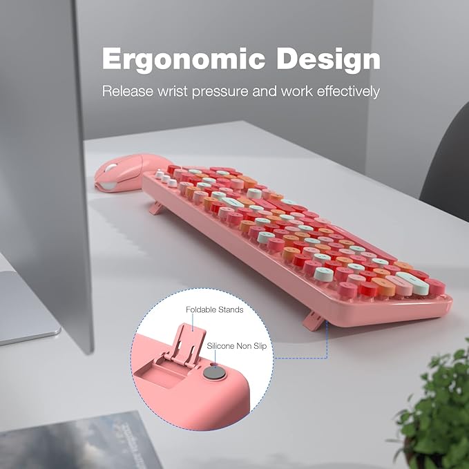 MOFII Wireless Keyboard and Mouse, Pink Colorful Round Key Retro Typewriter Keyboards, USB Wireless 2.4G Full Size Keyboard and Cute Mice Combo for Computer, Laptop, PC, Chromebook, Smart TV
