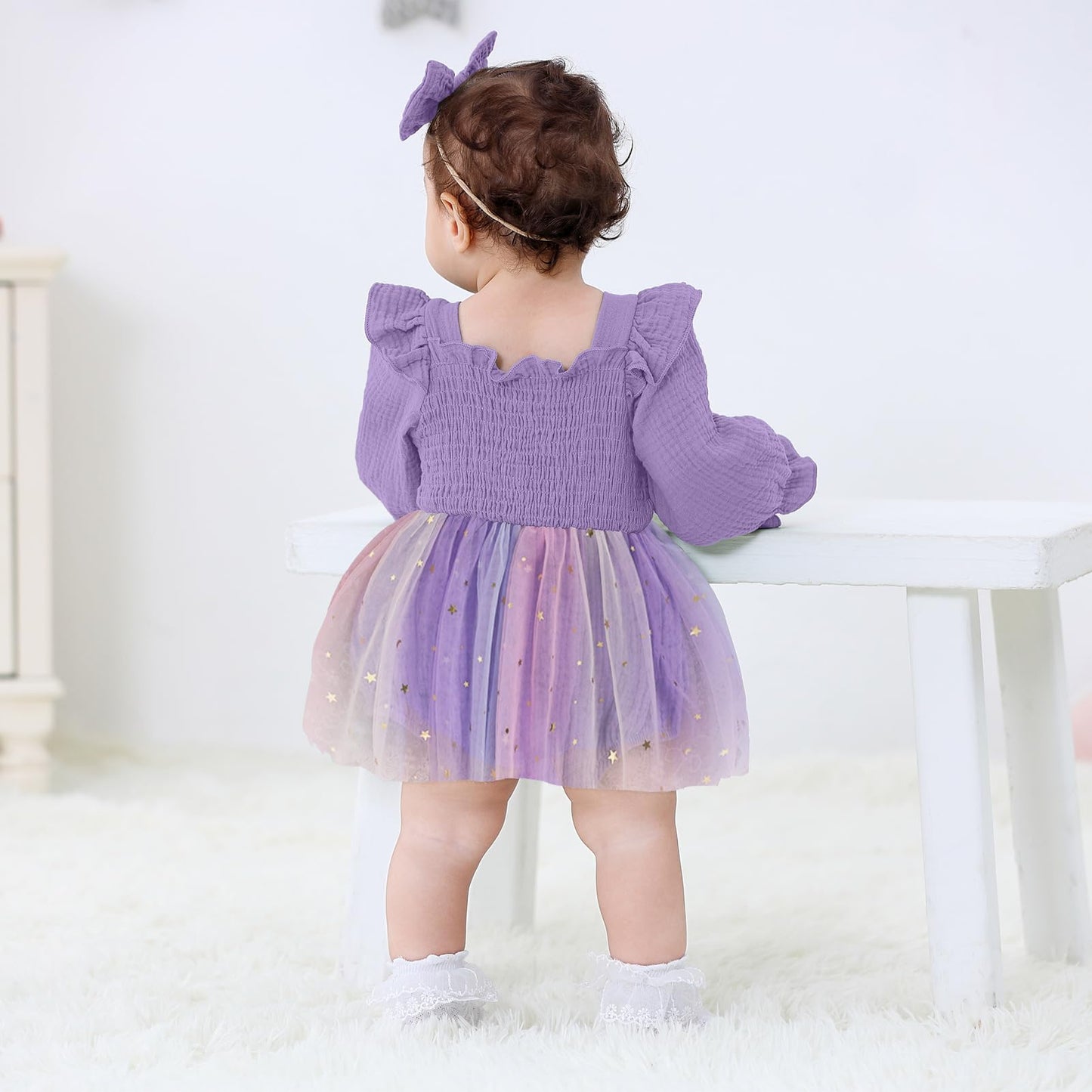 TITKKOP Baby Girl 1st Birthday Clothes One Year Old Tulle Romper Long Sleeve Bodysuit Cake Smash Outfits(butterfly-purple,12-18M)