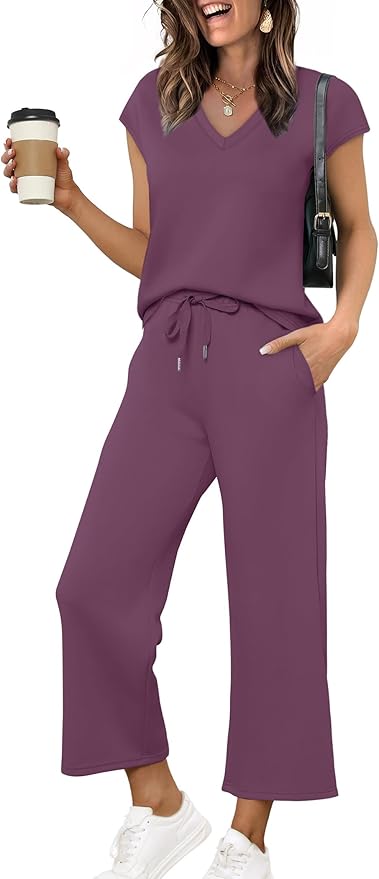 Saloogoe Two Piece Sets for Women Summer Outfits Lounge Sets V Neck Tops Wide Leg Pants Woman Vacation Travel Outfits