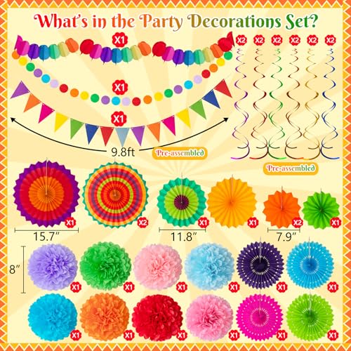 35PCS Fiesta Paper Fan Party Decorations Set - Cinco De Mayo Pom Poms,Pennant,Garland String,Banner,Hanging Swirls Hispani...
