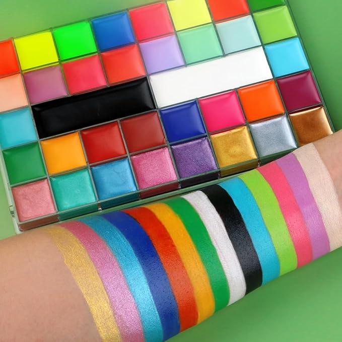 Face Painting Kit Professional Face Body Paint Oil Palette 36 Colors Include 8 UV Glow Colors Brushes Glitter Gel Sponges Facepaint Sticks Gems Stickers For Kids and Adult