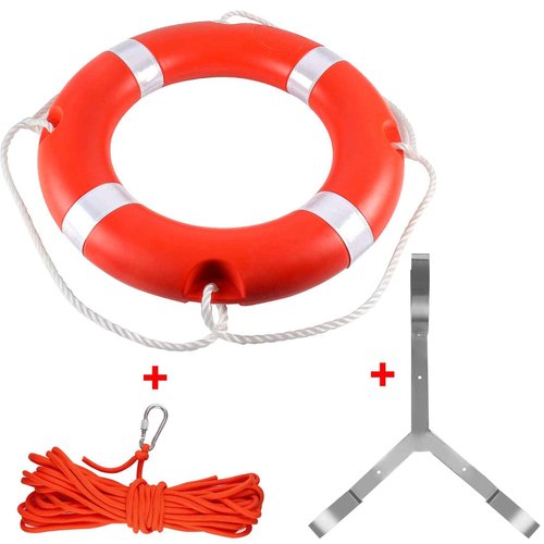 23" Life Ring Boat Safety Throw Ring with Water Floating Lifesaving Rope 50’ and Bracket for Boating Safety - Orange