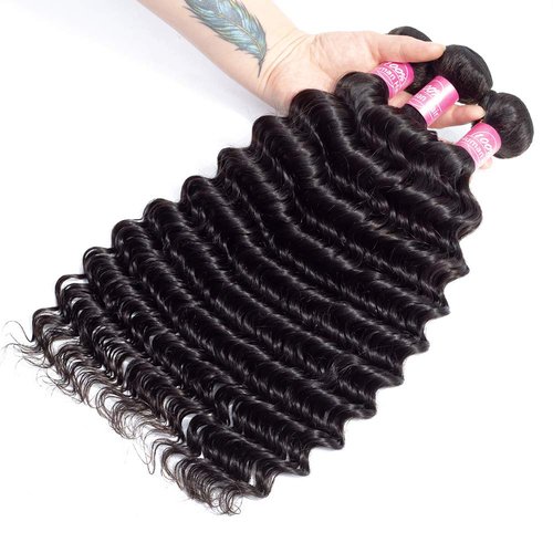 10A Deep Wave Human Hair Bundles with Closure 14 16 18+12 Brazilian Deep Weave Curly Human Hair 3 Bundles with 4x4 Lace Closure Remy Unprocessed Virgin Human Hair Bundle Natural Color