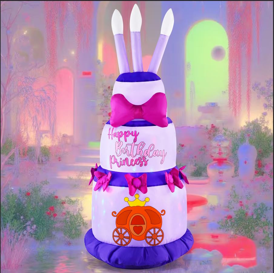 GIFTFIND 4.5Ft Inflatable Birthday Cake with Rotating Fairy Lights, Outdoor Birthday Party Decoration Cake with Candles, Holiday Blow Up Celebration Decor for Indoor Outdoor Yard Lawn, Pink Princess