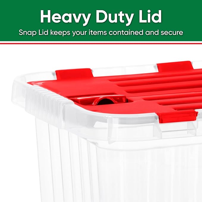 Superio Christmas Storage Box with Red Hinged Lids, Plastic Container Bins for Organizing with Attached Lid, Stackable Crates, BPA Free, Organizers for Home, Office, and Dorm, 10.5 Quart (15"x10"x7")