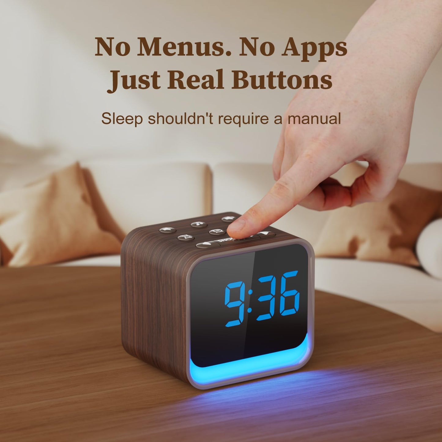 Housbay Wooden Sound Machine Alarm Clock for Bedrooms - Gentle Wake-Up with Birdsong, White Noise for Sleeping, Small Digital Clock for Phone-Free Routine - Walnut Wood