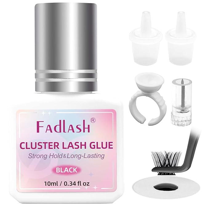 FADLASH Lash Cluster Glue Black Eyelash Glue for DIY Lash Extensions Waterproof 2-3s Fast Drying 2 Weeks Retention Long-Lasting at Home (10ml)