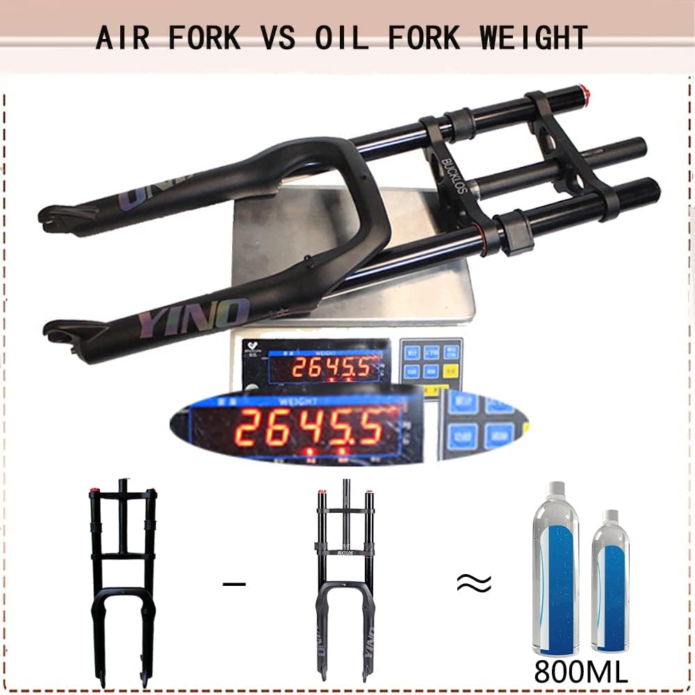 BUCKLOS 20 inch 4.0 Fat Tire E-Bike Air Suspension Fork, 180mm Travel Spacing Hub 135mm Straight Tube MTB Manual Lockout 9mm QR Mountain Bike Double Shoulder Electric Bicycle Front Forks Snow Beach