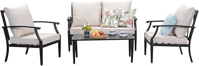 SunloungeCo 4-Piece Patio Furniture Set, Wider Outdoor Metal Seating Sofa with High Back & Loveseat, Coffee Table, All Weather Metal Conversation Set for Backyard, Poolside, Deck-Beige