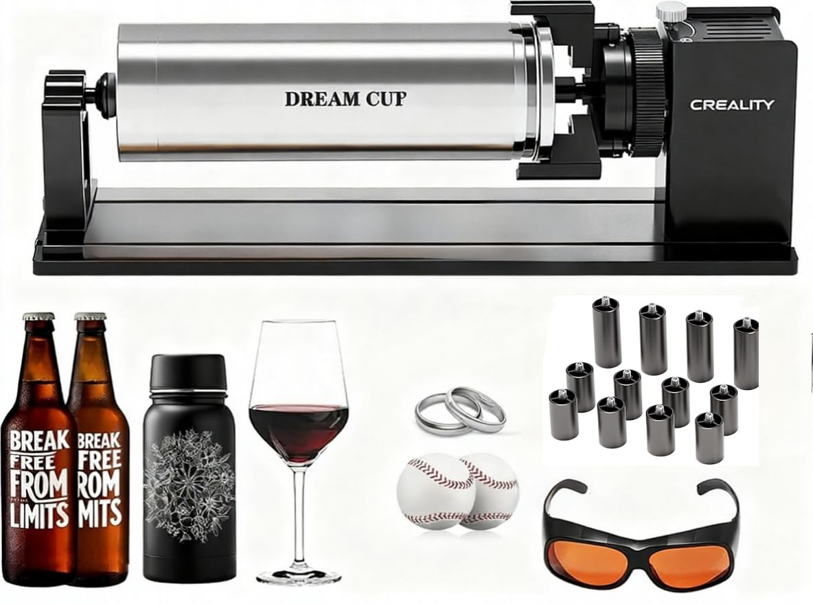 Creality Laser Rotary Roller Pro, 4-in-1 Y-axis Rotary Chuck for Creality Falcon Series Laser Engravers, Includes M6 Riser for Falcon A1, Multi-Function Rotary Kit with Goggles for Cylindrical Objects