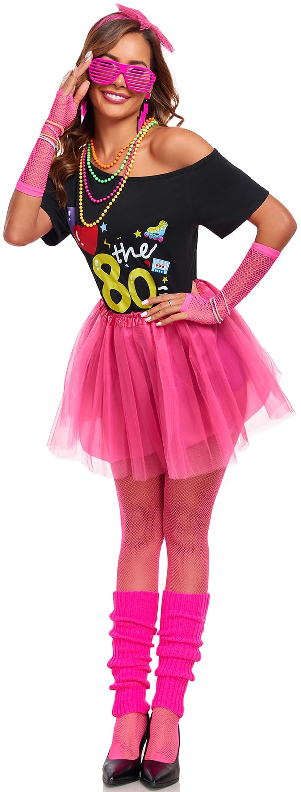 Gorkonpy 80s Outfit Woman Adult Halloween 80s Costumes for Woman with Accessories Leg Warmers Earrings Fanny Pack Headband (Small)