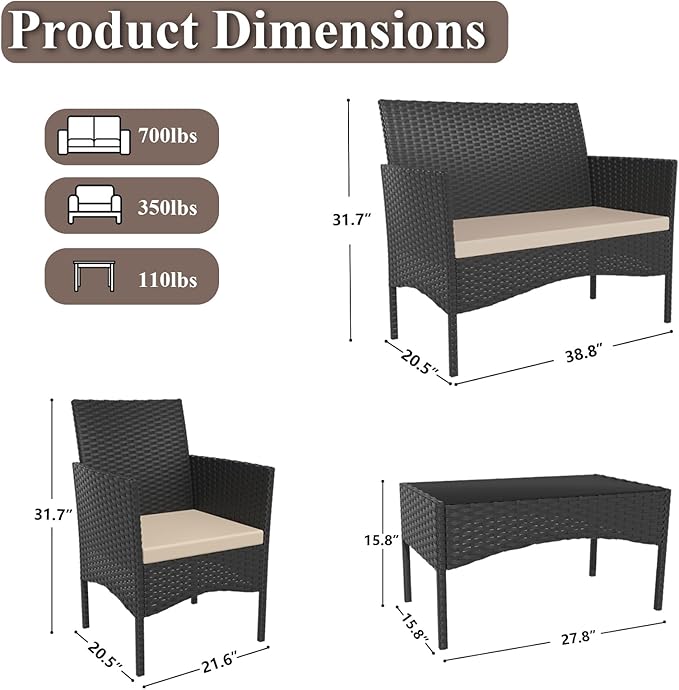 ASJMR 4 Piece Patio Rattan Conversation Set, Outdoor Rattan Chair Wicker Furniture Set, Couple Seats and Tempered Glass Table,Comfort Seat for Patio, Pool or Backyard
