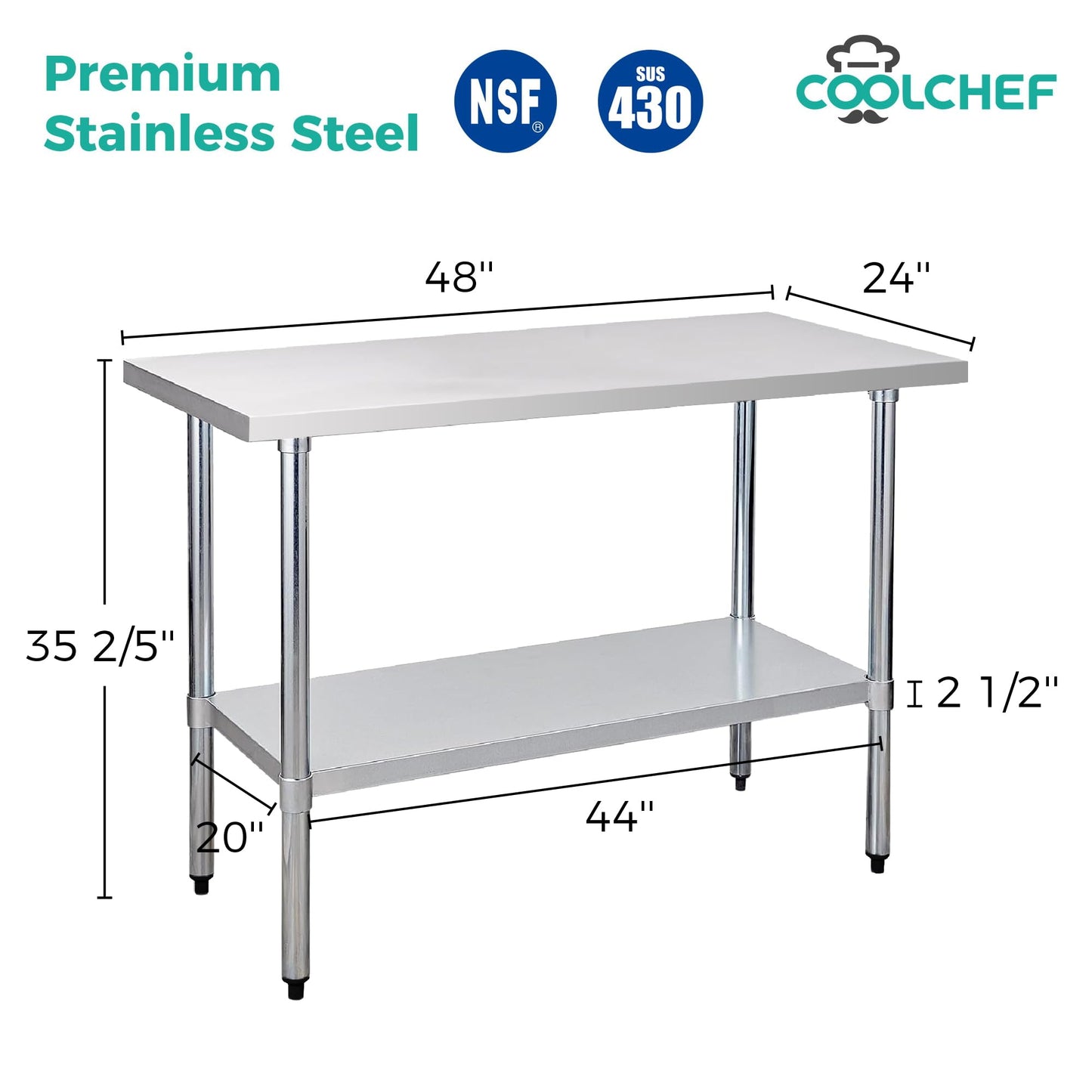 Okeyolive Stainless Steel Table for Prep & Work 24 x 48 Inches, NSF Heavy Duty Commercial Food Prep Work Table with Undershelf and Galvanized Legs for Restaurant, Home and Hotel