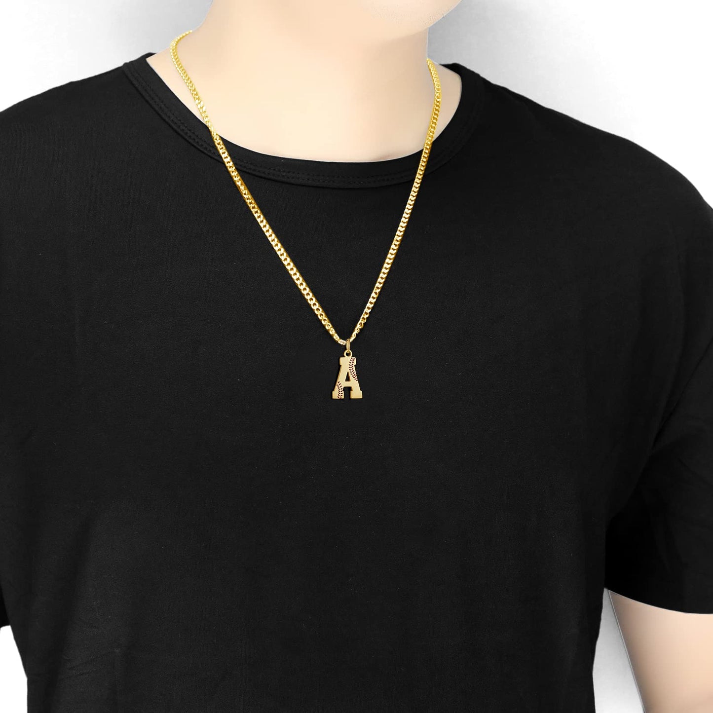 AIAINAGI Baseball Initial A-Z Letter Necklace for Men - Baseball Charm Pendant, Stainless Steel Gold Chain, 22inch Personalized