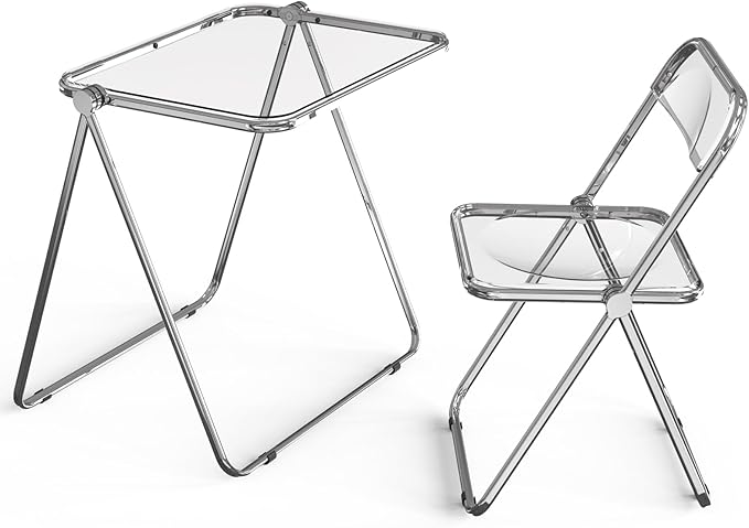 VINGLI Folding Acrylic Table and Chair Set Small TV Tray for Snack Dinner on Couch, Tiny Foldable Desk Writing Desk for Ho...