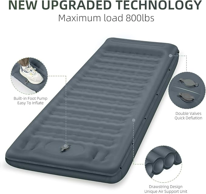 Camping Sleeping Pad, Extra Thick 5 Inch Camping Mat with Pillow, Built-in Foot Pump Inflatable Sleeping Pads Compact for Camping Backpacking Hiking Traveling Tent as Camping Essentials（Gray）