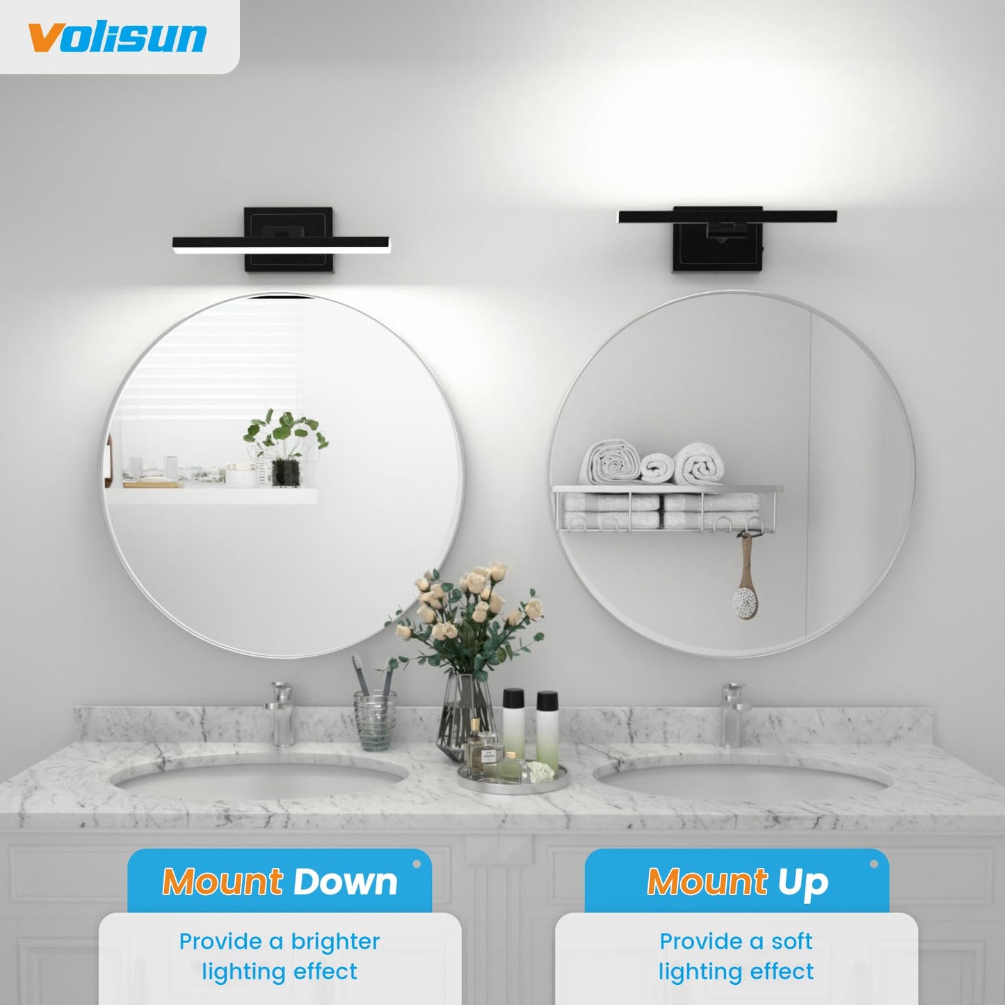 VOLISUN Modern Bathroom Vanity Light 15.7 inch, Rotatable, 12W Dimmable 5CCT Led Bathroom Light Fixture Over Mirror, Black Bar Vanity Light for Bathroom Mirror Restroom-ETL Certificated