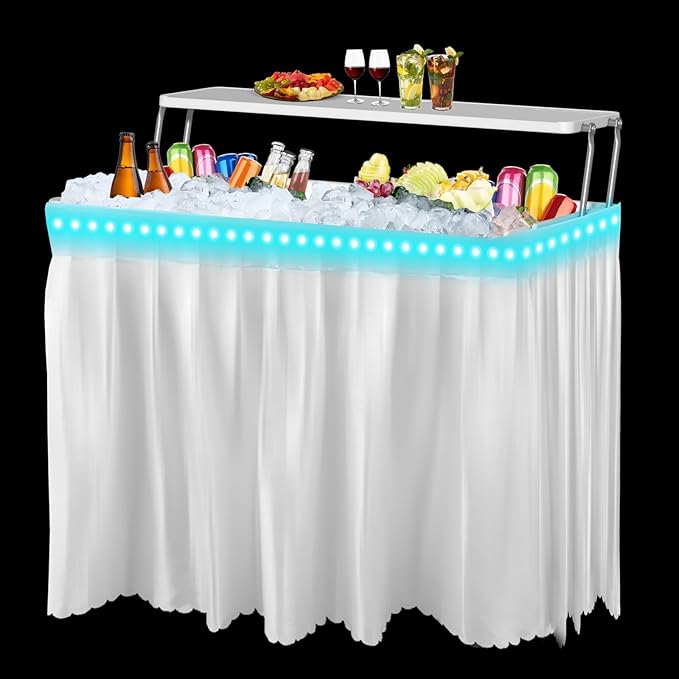 IWDOO 4 Foot Led Ice Cooler Table, Two-Tier Outdoor Cooler Table with Removable Matching Skirt LED Light Strip Drain Plug ...