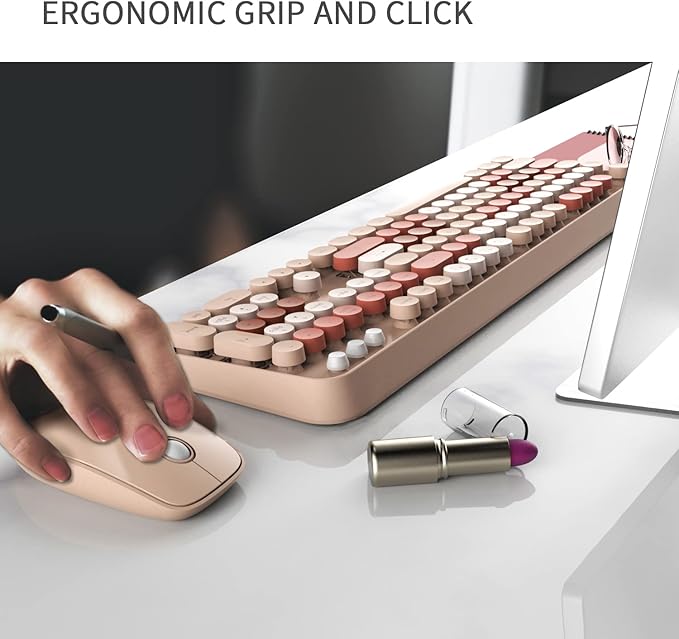 FOPETT Wireless Keyboard and Mouse Combo - 2.4G Full-Sized Cute Colorful Mouse and Keyboard with 104 Round Keys Retro Typewriter Keyboard for Laptop/Windows/PC - Brown Colorful